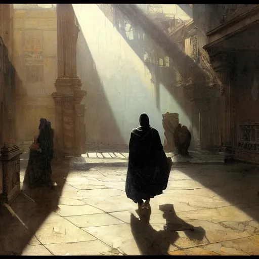 Prompt: half portait of magican wearing a closed cowl walking while reading big old book! jeremy mann, jean leon gerome, tiepolo, alphonse mucha, greg rutkowski, face in the shadows, ( ( ruins of ancient rome ) ), at dusk, mysterious atmosphere, sunrays, dof, masterpiece, high detailed, 8 k