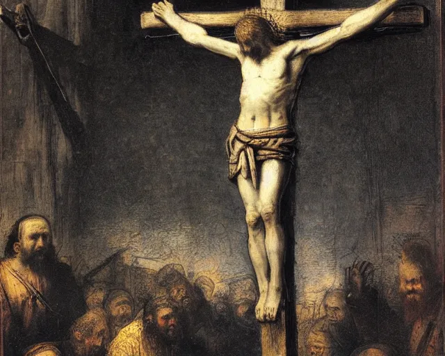 Prompt: the crucifixion by rembrandt,