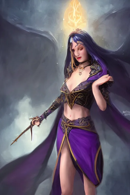 Image similar to Pretty Sorceress, wearing Black and purple robes, Dark blue hair, magic wooden staff, fully covered, Dark fantasy, romantic lead, trending by artstation, artstationhd, artstationhq, matte painting