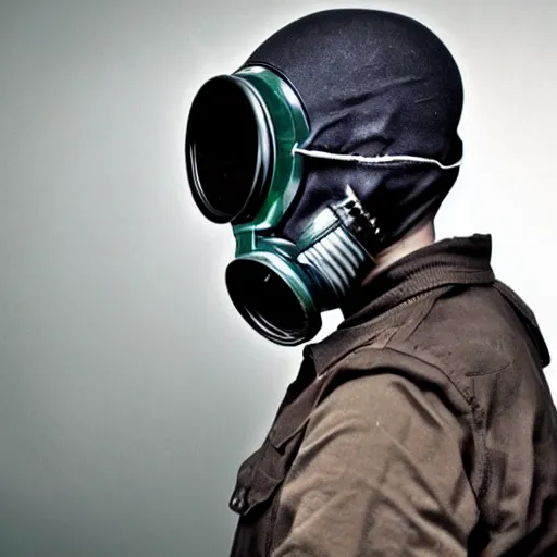 Image similar to a hyper realistic photoshoot of a gas mask with a human skull wearing the mask