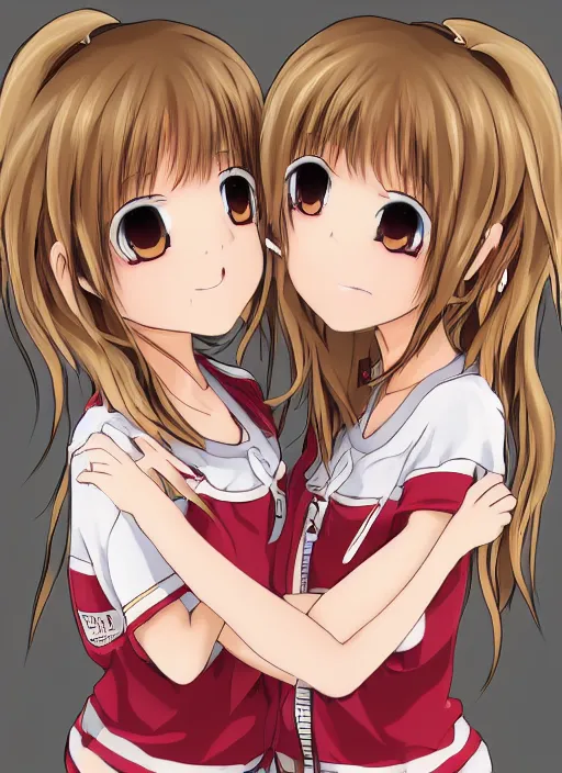 Prompt: highly detailed portrait of one blonde and one brown haired anime girl in onesies hugging each other looking at us, detailed eyes, happy, excited, digital art, cute, anime, detailed faces, well drawn faces, cute faces, hand drawn, 8 k, trending on artstation, official media