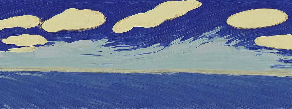 Image similar to Psychedelic sci-fi dreamworld. Landscape painting. Organic. Winding rushing water. Waves. Clouds. Landscape by Alex Katz. Wayne Thiebaud.