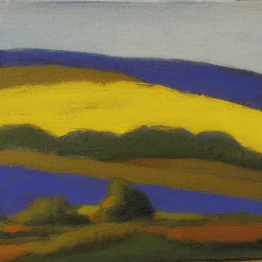 Prompt: Tonalist landscape, pastoral scene. Ultramarine blue, napthol red, and lemon yellow.