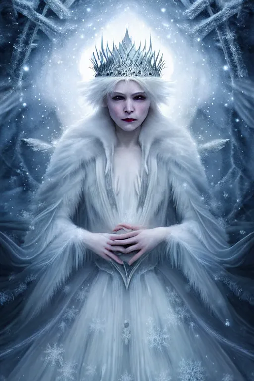 Image similar to epic professional digital art of the white snow queen, atmospheric lighting, painted, complex, detailed, sinister background, leesha hannigan, wayne haag, reina rocin, ignacio fernandez rios, mark ryden, iris van herpen, epic, stunning, magnificent, very wow, cinematic, masterpiece.