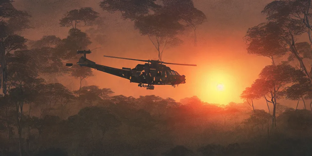 Image similar to Painting of vietnam Huey Helicopters, above a forest, orange sun set, abstract, realism, 8k, detailed, octane render, glow, war