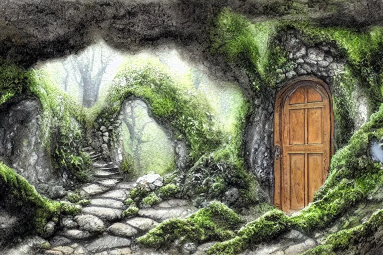 Image similar to closed door of a underground home in a cliff face, trees, moss, mushrooms, ferns, rocky sandy, dust swirling, small path up to door, soft light, james gurney, detailed watercolour, texture, 4k