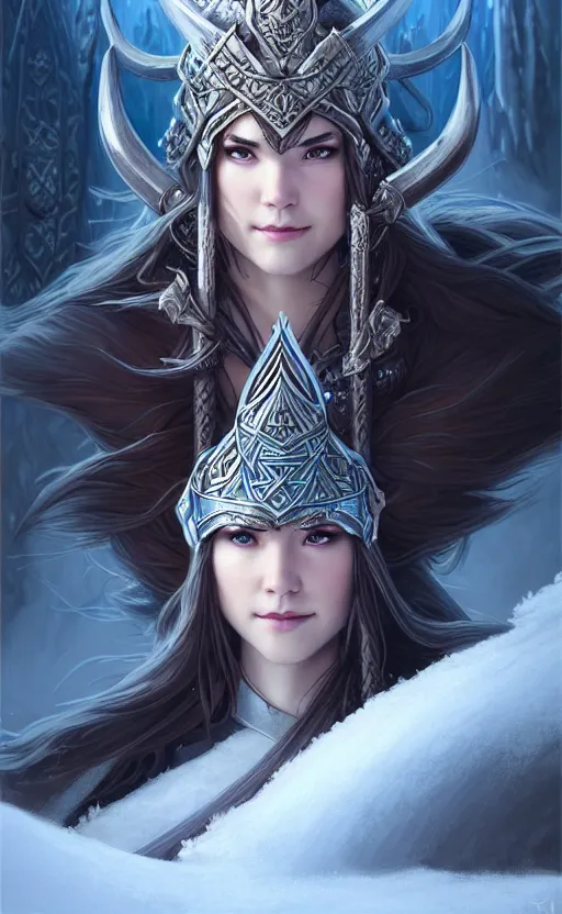 Image similar to azure viking warrior, regal, elegant, winter, snow, beautiful, stunning, hd, illustration, epic, d & d, fantasy, intricate, elegant, highly detailed, wide angle, digital painting, artstation, concept art, smooth, sharp focus, illustration, wallpaper, art by artgerm and greg rutkowski and alphonse mucha and jin xiaodi