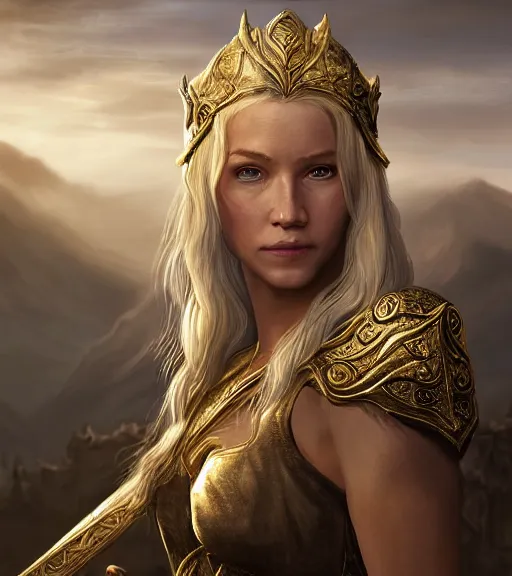 Image similar to the elder scrolls vi a portrait of a blond elven princess warrior portrait near the epic entrance to a city, atmospheric lighting, painted, menacing, intricate, volumetric lighting, beautiful, ( golden hour ), sharp focus, ultra detailed, by leesha hannigan, ross tran, thierry doizon, kai carpenter, ignacio fernandez rios