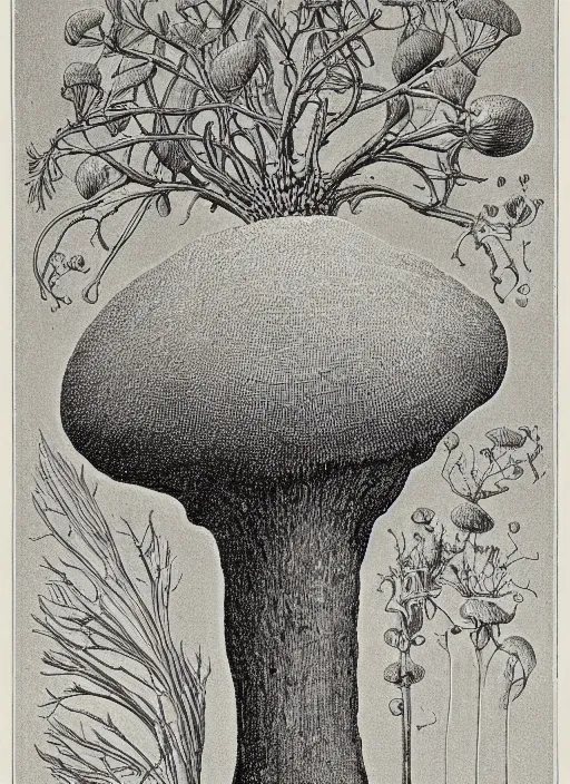 Image similar to mycelium growing into a mushroom, ernst haeckel