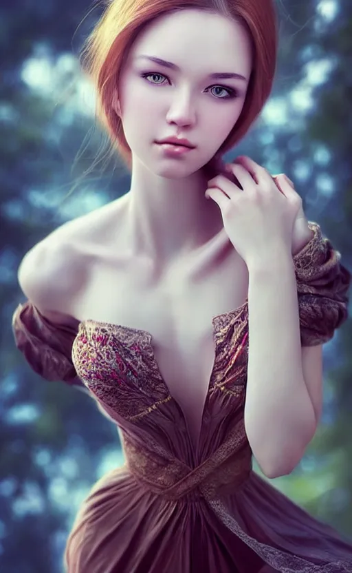 Image similar to a gorgeous russian female photo, bokeh, beautiful face, professionally retouched, soft lighting, realistic, smooth face, full body shot, torso, dress, perfect eyes, sharp focus on eyes, 8 k, high definition, insanely detailed, intricate, elegant, art by artgerm and kyoung hwan kim