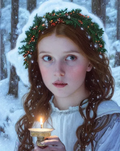 Prompt: a realistic candlelit portrait painting of a thoughtful girl resembling a young, shy, redheaded alicia vikander or millie bobby brown wearing a christmas wreath in her hair and peasant dress carrying a candle in a deep snow - covered forest at night, highly detailed, intricate, concept art, artstation, by donato giancola, alphonse mucha, and william bouguereau