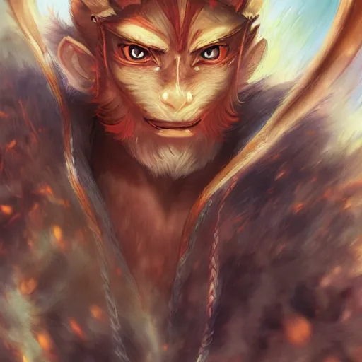 Image similar to detailed beautiful sun wukong art of a protagonist, depth of field, on artists amino, artists reddit by sakimichan patreon, wlop, weibo high quality art on artstation