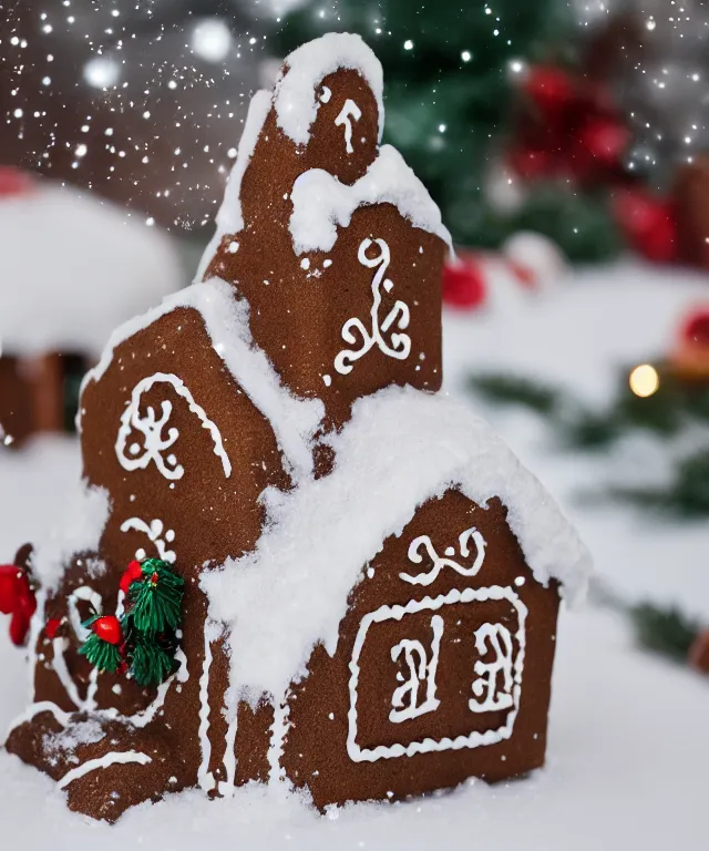 Image similar to high quality presentation photo of a gingerbread snow cottage, photography 4k f1.8 anamorphic bokeh 4k Canon Nikon