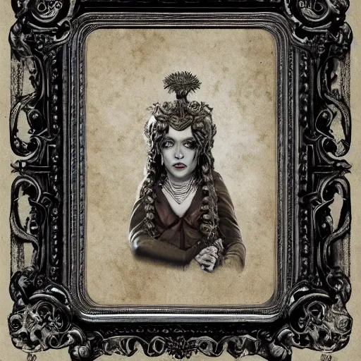 Image similar to ambrotype of a cthulhu high priestess in a baroque frame, trending on artstation, 4k