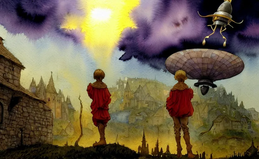 Prompt: a hyperrealist watercolor concept art of an elegant alien and a golden ufo in the sky above a small medieval town during a thunderstorm. a dirty medieval peasant child is in the foreground pointg up at the sky. very muted colors, by rebecca guay, michael kaluta, charles vess. high detail, hq, wide shot, 4 k