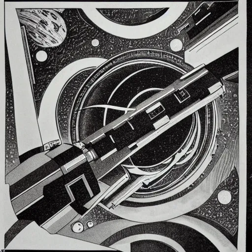 Image similar to MC Escher print of space station