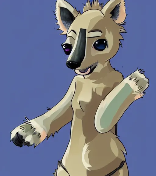 Image similar to full body digital artwork of furry female hyena, in style of zootopia, fursona, furry, furaffinity, deviantart, wearing astronaut outfit, floating in space