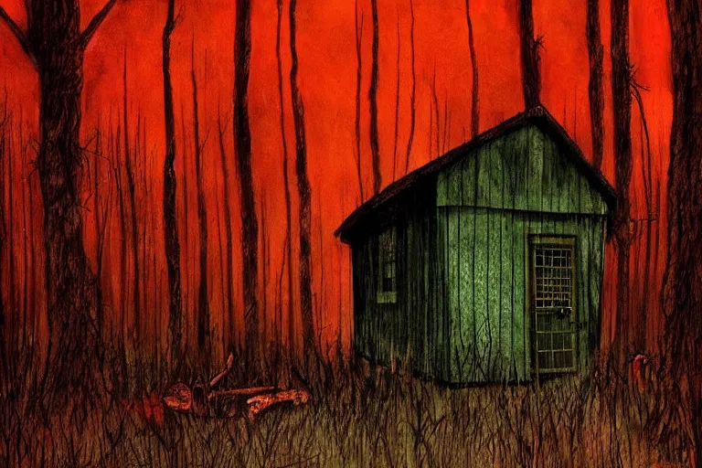 Image similar to mad horror painting of a cabine in the woods by ben templesmith