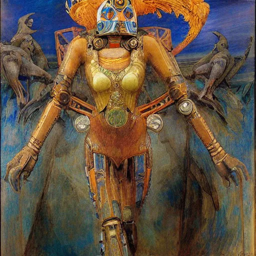 Image similar to the robot queen with her bird mask, by annie swynnerton and diego rivera and elihu vedder, symbolist, dramatic lighting, elaborate geometric ornament, art brut, soft cool colors, smooth, sharp focus, extremely detailed, adolf wolfli and donato giancola