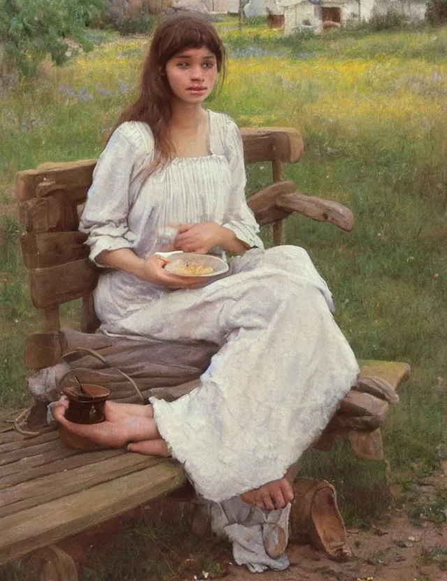 Image similar to portrait of peasant girl sitting on a bench and drinking milk, cottage core, cinematic focus, polaroid photo bleached vintage pastel colors high - key lighting, soft lights, foggy, by steve hanks, by lisa yuskavage, by serov valentin, by tarkovsky, 8 k render, detailed, oil on canvas