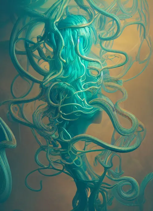 Prompt: subsurface scattering, medusa made of soft wax, cgsociety, translucent, wooden art nouveau swirls, organic fractals, colored smoke, gold cables, electricity, in the style of ruan jia and beeple and giger, mystical colors, back light, rim light, dramatic lighting, 8 k, stunning scene, raytracing, octane render