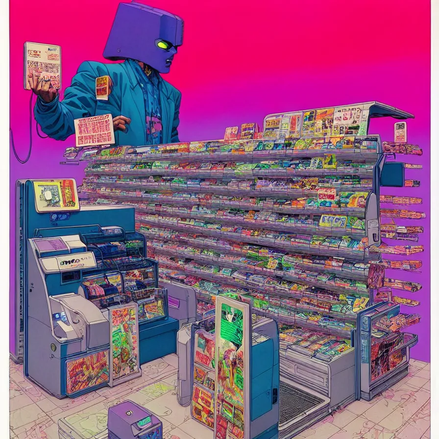 Image similar to ( ( ( ( cyberpunk convenience store cash register ) ) ) ) by mœbius!!!!!!!!!!!!!!!!!!!!!!!!!!!, overdetailed art, colorful, artistic record jacket design