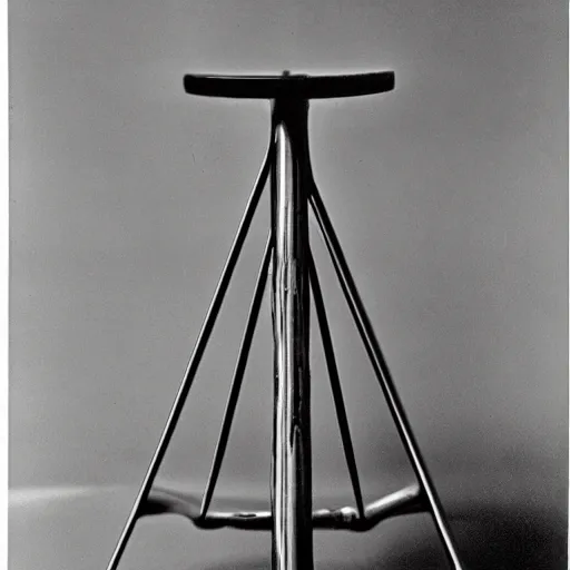 Prompt: packshot of a bicycle wheel on a stool by Marcel Duchamp and Man Ray