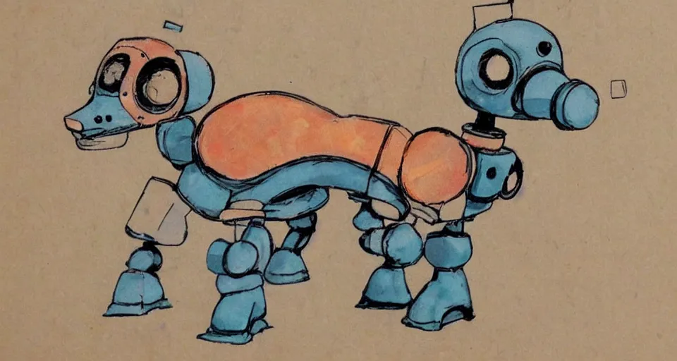 Image similar to a cute retro robot dog. alcohol inks on parchment, muted colors, detailed, textured parchment background, 1 9 5 0 s concept art