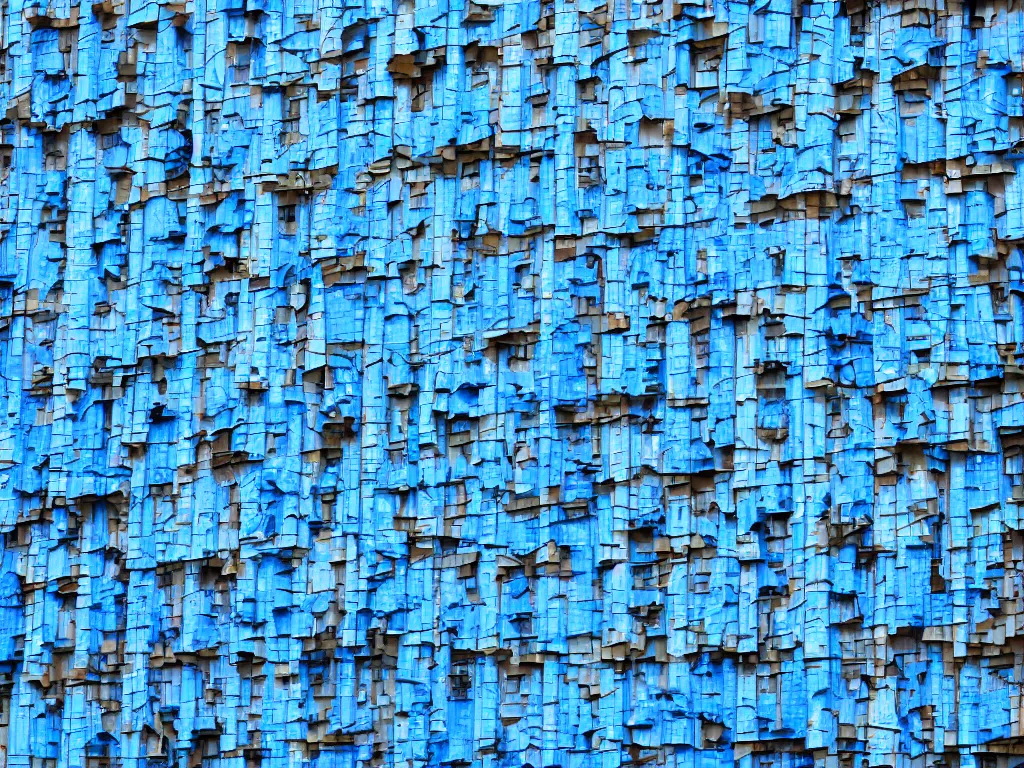 Prompt: a perfect hyperrealist colour photograph of a building covered in giant blue plastic tumours, representing the iniquities of modern western society.