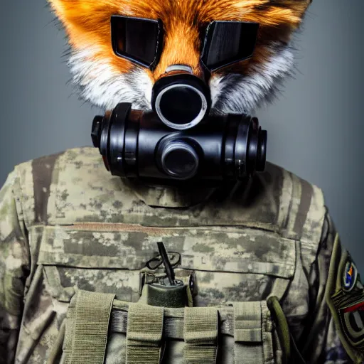 Prompt: a fluffy Fox dressed in a modern American military soldier uniform with night vision goggles, 85mm f/1.4