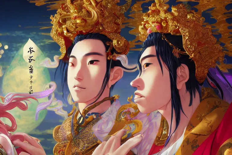 Image similar to close up moment of a divine a japan sun god and a moon goddess lovers magician at a wedding banquet, highly detailed, genshin, fantasy, 4 k realistic, digital painting, trending on artstation, concept art, sharp focus, illustration, art by makoto shinkai and akihiko yoshida and daniel gerhartz