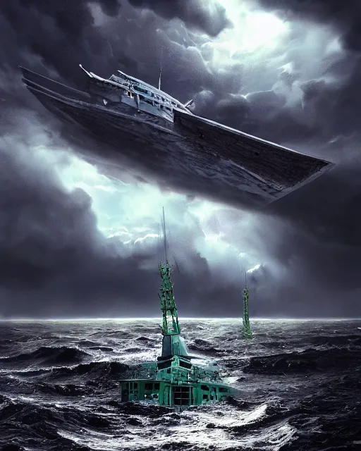 Image similar to a fishing boat on stormy seas, a gigantic star destroyer spaceship with glowing green lights flying overhead, ready to fire, the gigantic star destroyer spaceship is emerging from storm clouds, sunset lighting, stormy weather, dramatic lighting, unreal engine, hyper realism, realistic shading, cinematic composition, realistic render, octane render, detailed textures, photorealistic, ultrawide shot, 1 6 mm lens