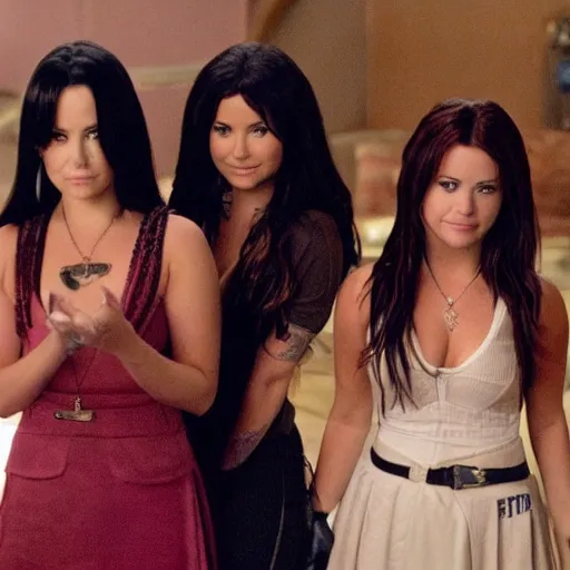 Image similar to Demi Lovato as Piper Halliwell and Selena Gomez as Phoebe Halliwell and Ariana Grande as Prue Halliwell in a Charmed movie directed by Christopher Nolan, movie still frame, promotional image, imax 35 mm footage