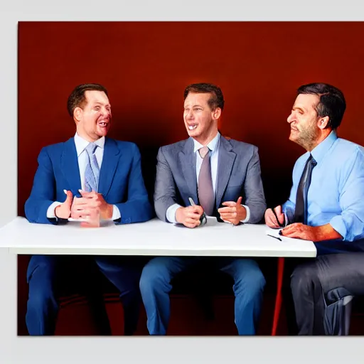 Image similar to hyperrealistic painting image where 3 happy businessmen appear in a business meeting