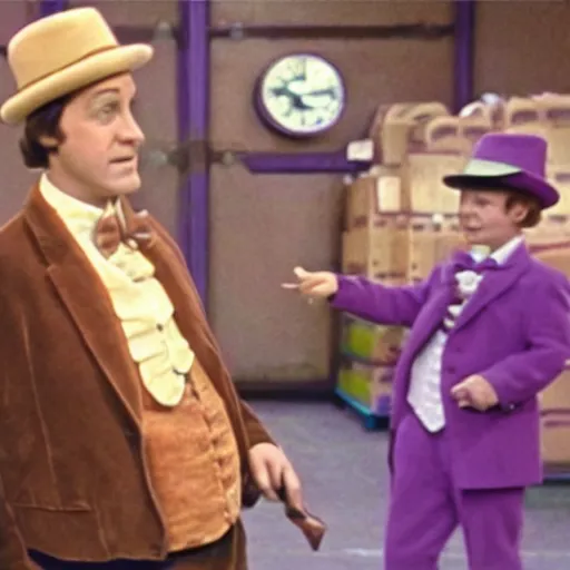 Image similar to security cam footage still of Willy Wonka in his Chocolate Factory