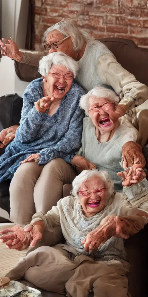 Image similar to laughing grandmas on magic mushrooms in the house