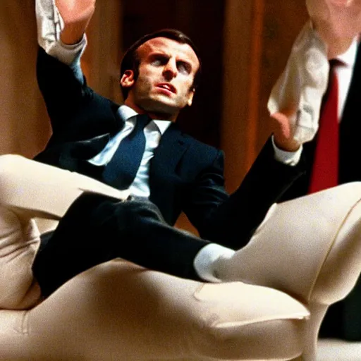 Prompt: Emmanuel Macron falling in American Psycho (1999)