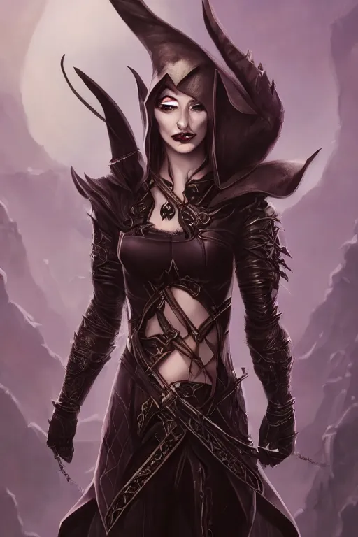 Prompt: Portrait of a female Elf Rogue named \'Mistress of Death\', high fantasy, epic, black leather armor, detailed sensual face, pretty, dagger, darkness, chiaroscuro, smoke, by Leng Jun, trending, artstationHD, artstationHQ, cgsociety, octane, ultra HD, 8k