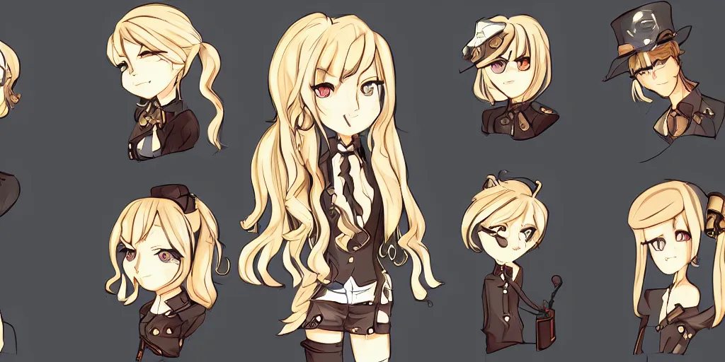 Image similar to visual novel sprites of a blonde haired steampunk detective girl, 2 d,