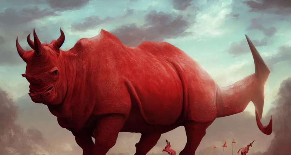 Image similar to a red rhino in the bone kingdom, beautiful, soft lighting, artstation, storybook,