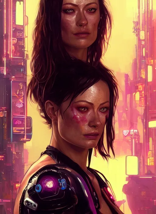 Image similar to portrait of Olivia Wilde as a drug addicted character in Cyberpunk 2077, looking at camera, intricate, dystopian, sci-fi, extremely detailed, digital painting, artstation, concept art, smooth, sharp focus, illustration, intimidating lighting, incredible art by artgerm and greg rutkowski and alphonse mucha and simon stalenhag