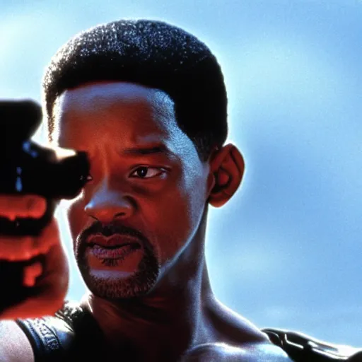 Image similar to film still of will smith as the terminator (1984 film), film grain, insanely detailed, 4k, photorealistic, hd