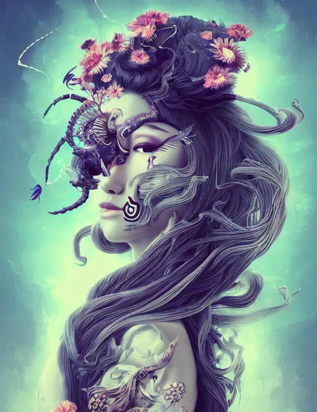 Image similar to 3 d goddess half - turn portrait with long hair with ram skull. beautiful intricately detailed japanese crow kitsune mask and clasical japanese kimono. betta fish, jellyfish phoenix, bio luminescent, plasma, ice, water, wind, creature, artwork by tooth wu and wlop and beeple and greg rutkowski