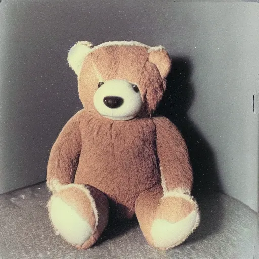 Prompt: a very beautiful old polaroid picture of a creepy teddy bear in a bedroom, award winning photography