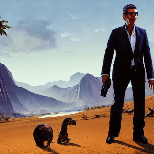 Image similar to Portrait of a Jeff Goldblum in a grand theft auto 5 loading screen , art by Albert Bierstadt and James Gurney, highly detailed, digital painting, matte painting, concept art, illustration, oppressive lighting, trending on artstation, very detailed