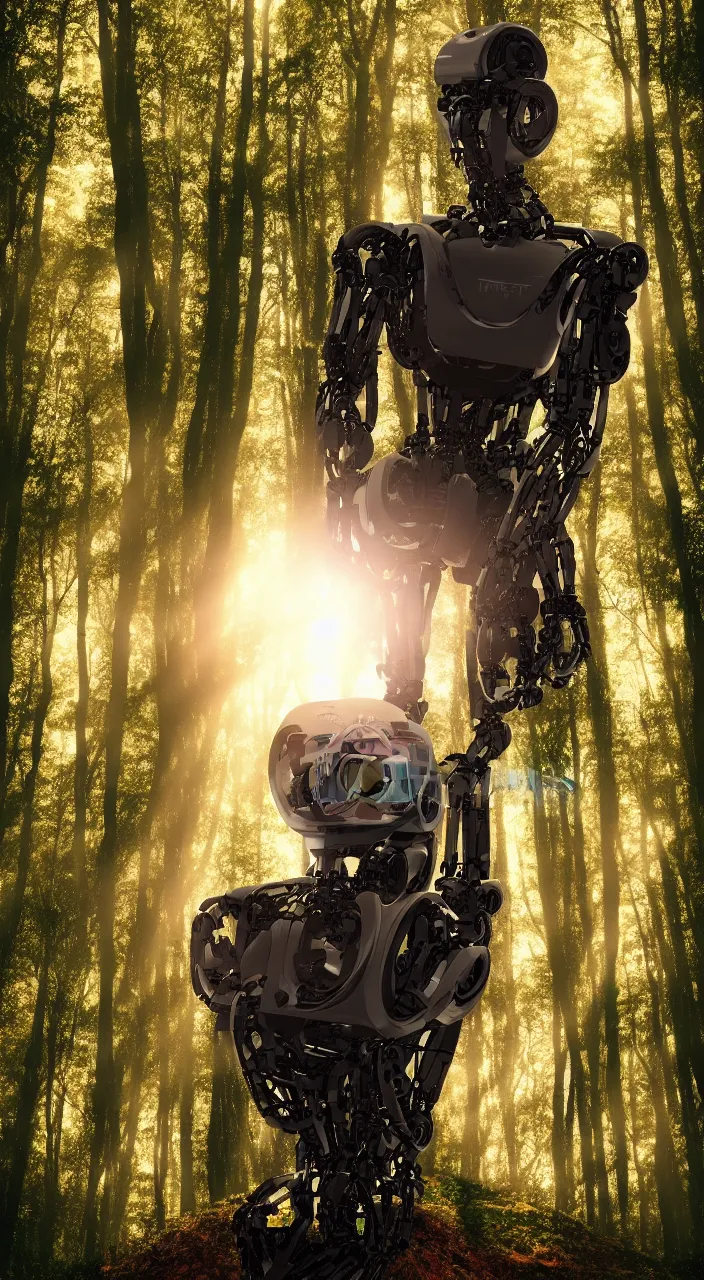 Image similar to a robot portrait in a movie, forest, cinematic shot, sun beams