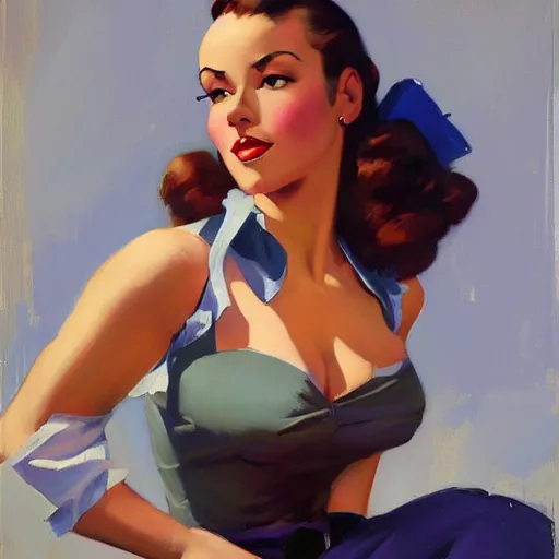 Image similar to greg manchess portrait painting of a beautiful waitress 1 9 4 0's pinup as overwatch's characters, medium shot, asymmetrical, profile picture, organic painting, sunny day, matte painting, bold shapes, hard edges, street art, trending on artstation, by huang guangjian and gil elvgren and sachin teng