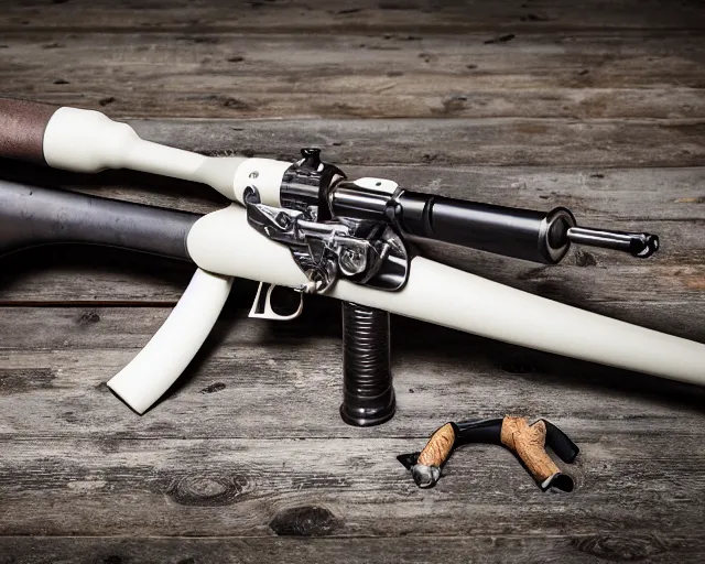 Image similar to Product photo of muzzleloaded flintlock AK47 from the site grabAgun, laid on a table, white background, ((((postapocalyptic)))). professional product photography, ((gunsmithing)), top down photo, 4k. high quality