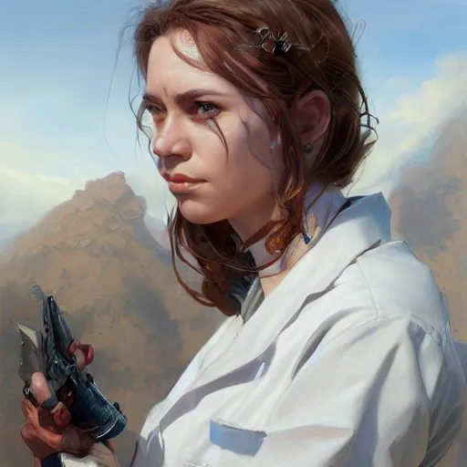 Image similar to a portrait of a woman medic during a battlefield, highly detailed, centered, digital painting, artstation, concept art, donato giancola, Joseph Christian Leyendecker, WLOP, Boris Vallejo, Breathtaking