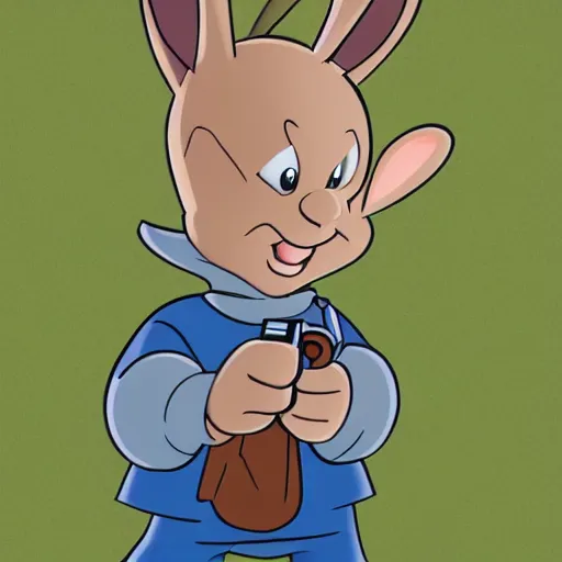 Prompt: Elmer Fudd as a real human aiming at Buggs Bunny, DLSR - n 4